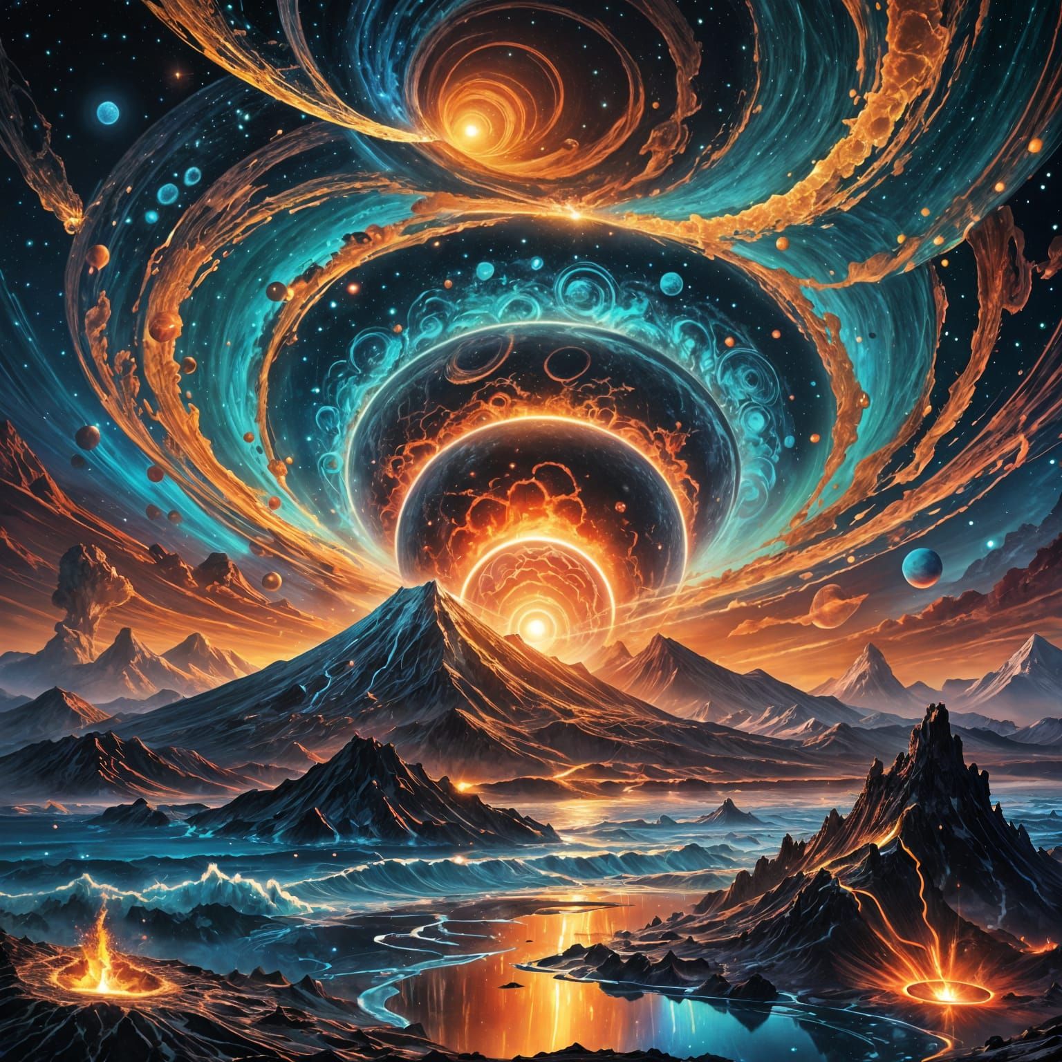 Floating Volcano Planet in Vibrant Cosmos