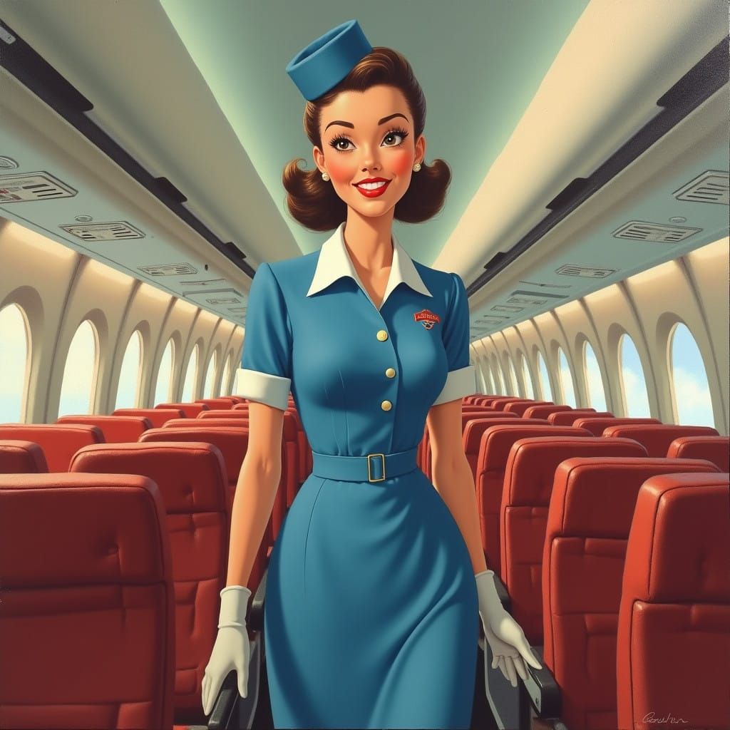 Vintage Airline Stewardess in Retro Uniform