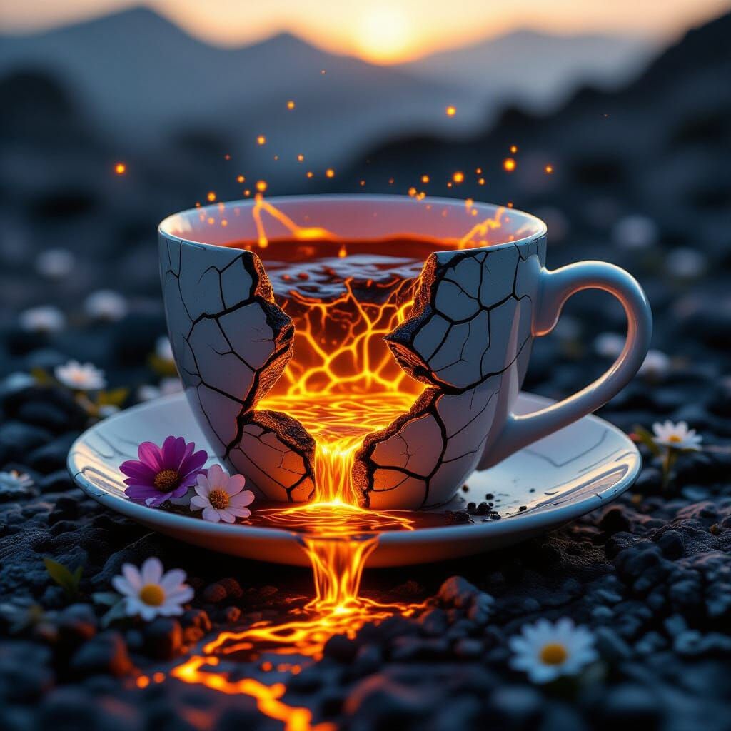 Cracked Cup with Lava and Golden Rivers