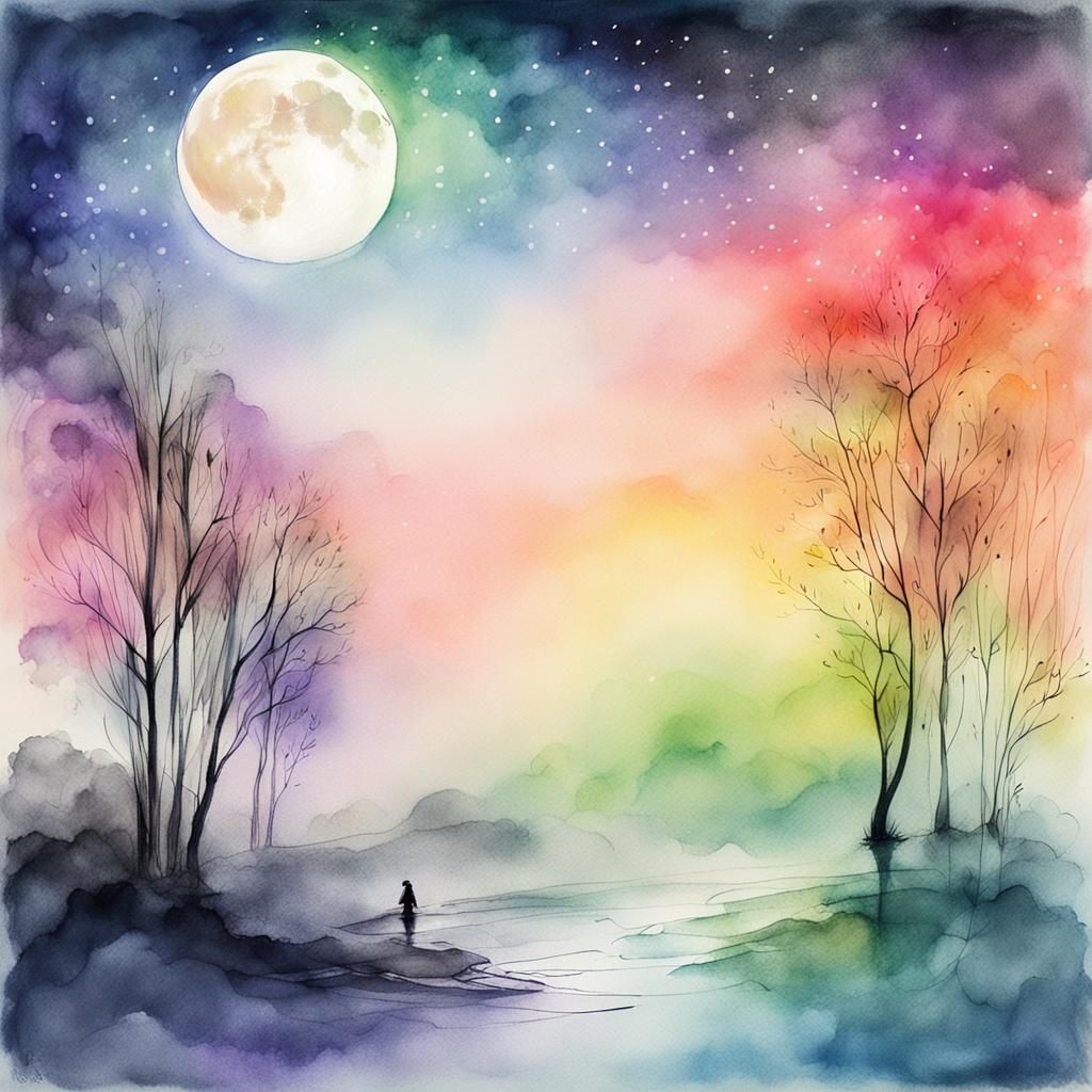 Rainbow Shadows Under a Moonlit Sky in Ink