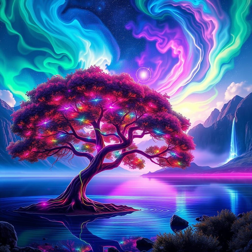Electric Tree Illuminates Radiant Neon Lake
