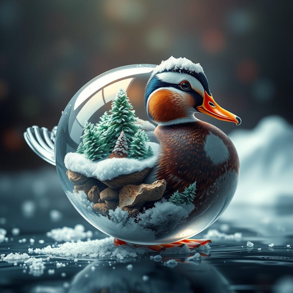 Glass Duck with Snowy Ecosystem: Hyperrealistic Concept Art