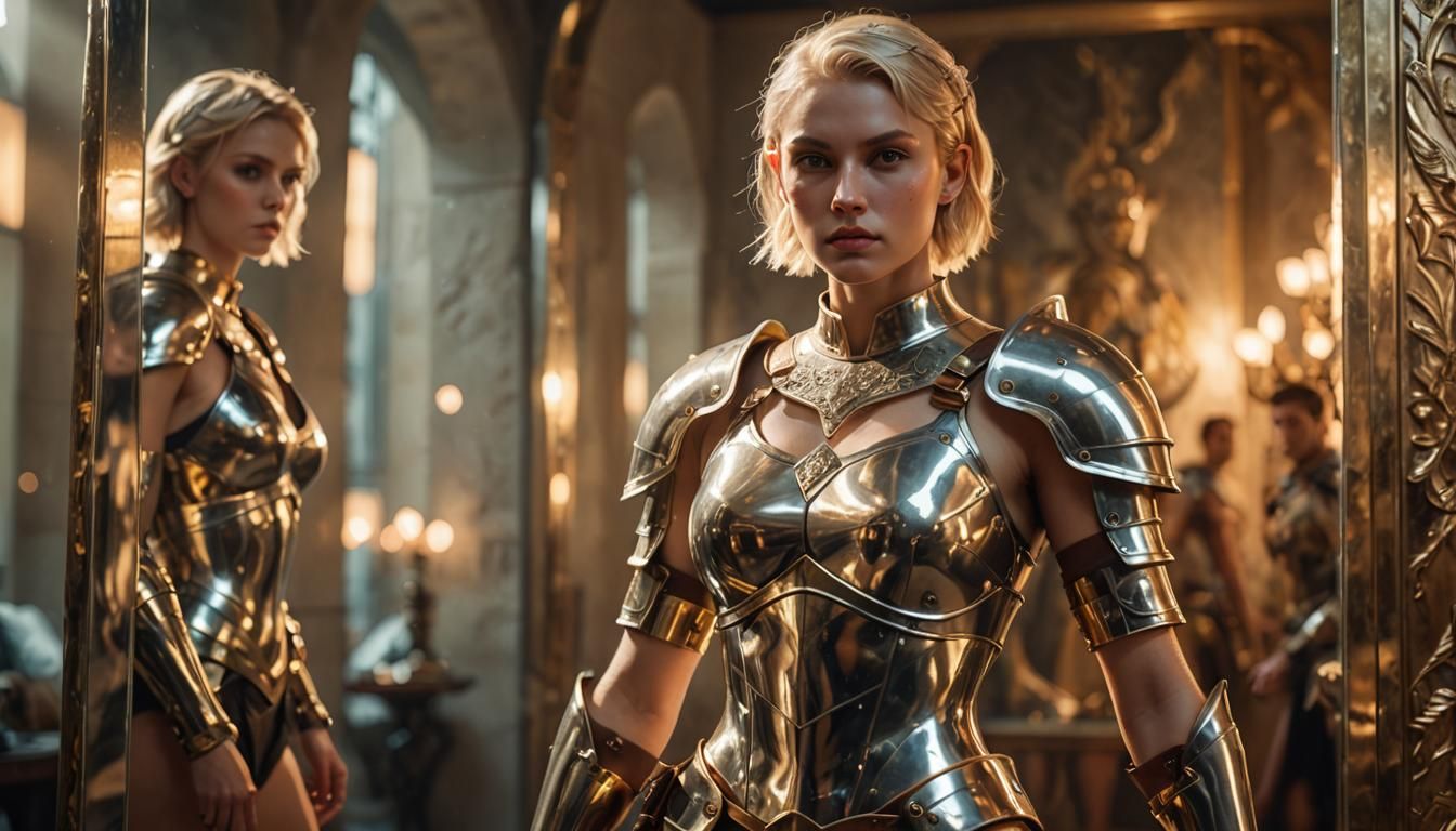 Fantasy Warrior in Mirror Reflection: Photorealistic Portrai...