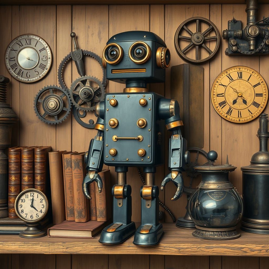 Vintage-Style Robot on Distressed Shelf in Industrial Futuri...