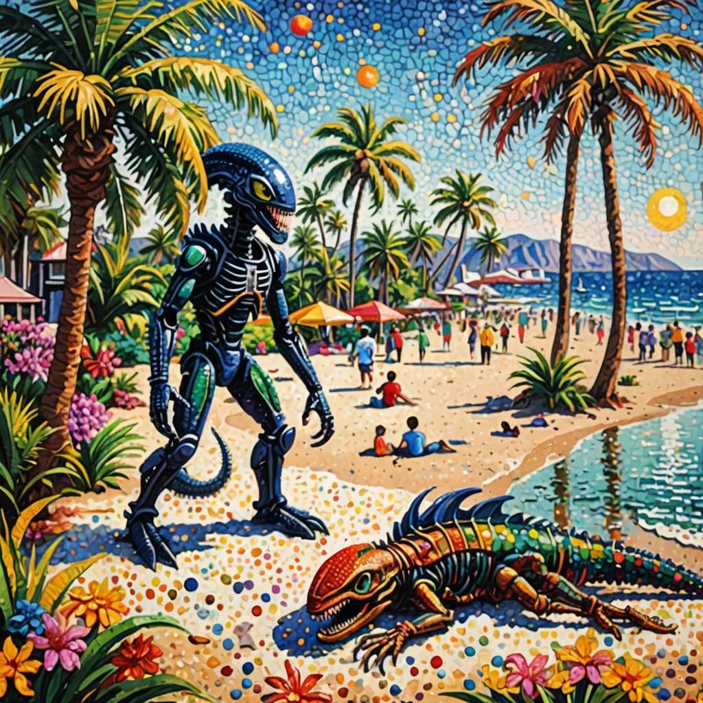 Xenomorphs on a Sunny Beach as Pointillism Painting