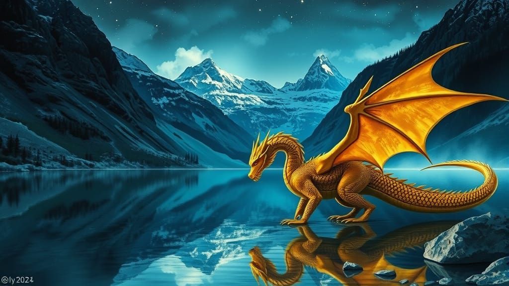 Gold Dragon Weeping by Lake: Watercolor Painting