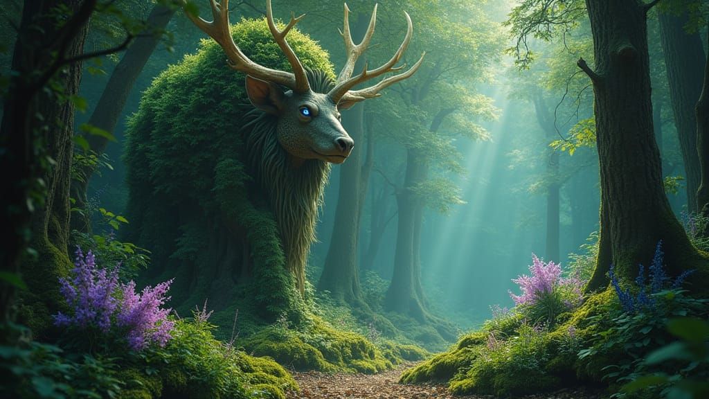 Luminous Celtic Forest God in Emerald Foliage