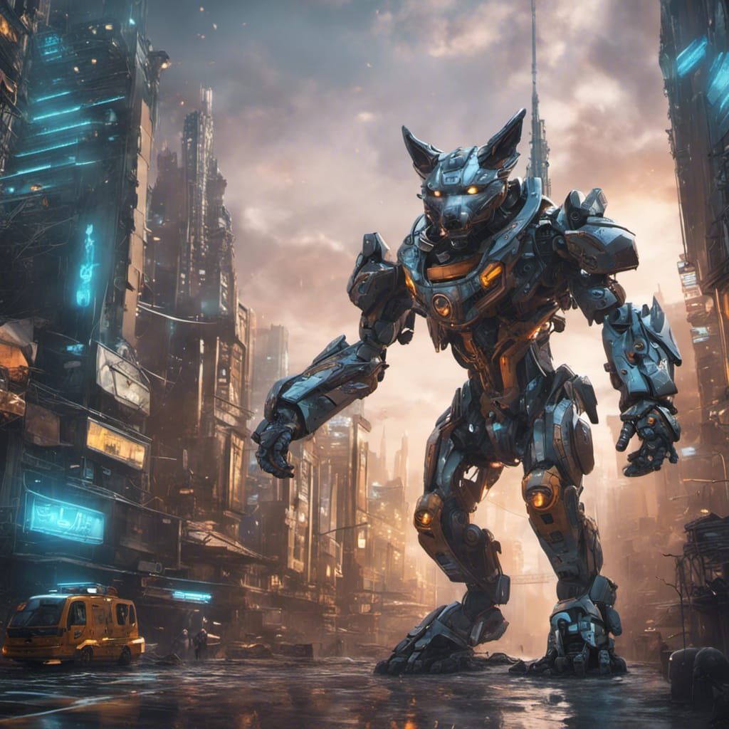 Futuristic Mecha Wolf in a Cyberpunk Cityscape