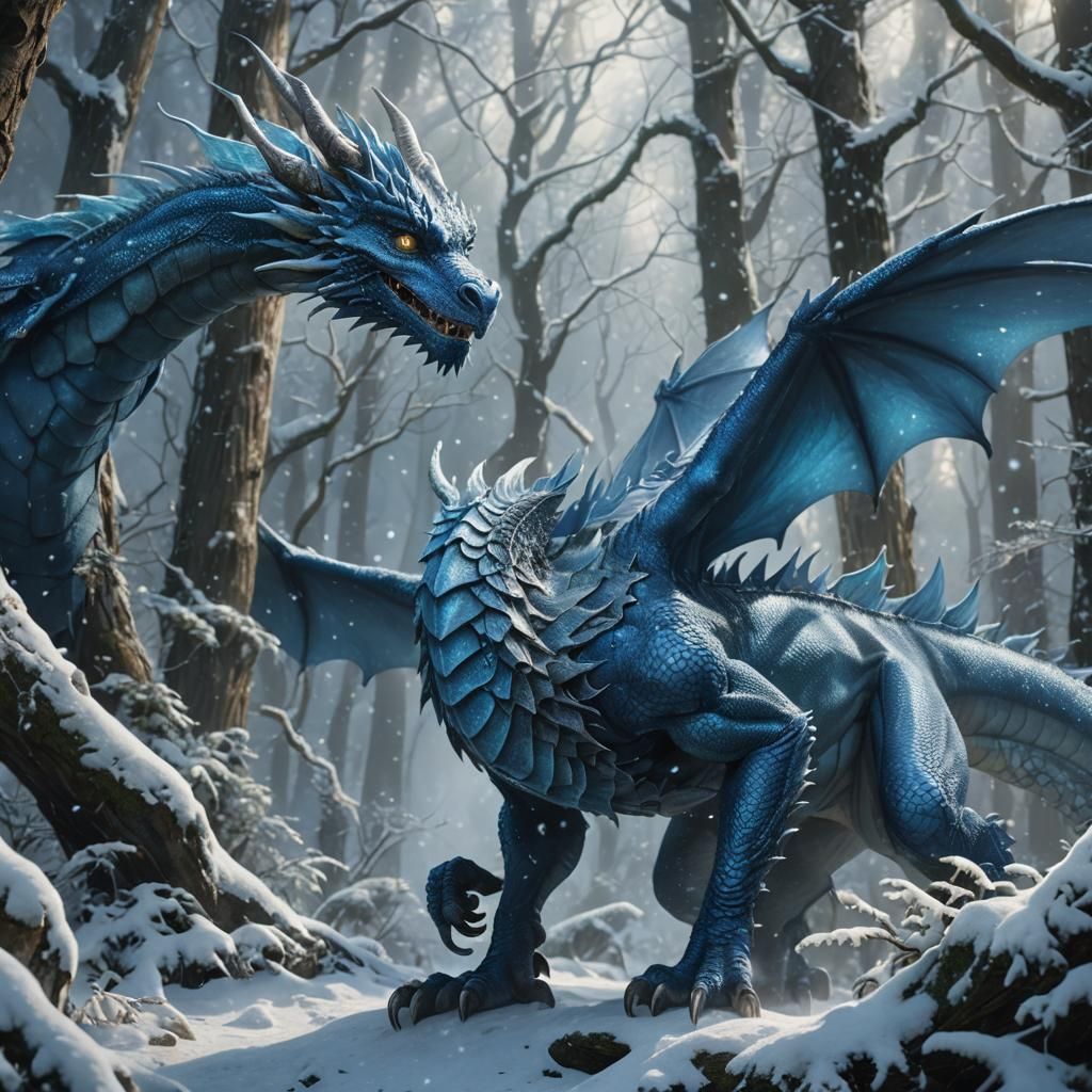 Blue Dragon in Winter Forest: Digital Matte Painting