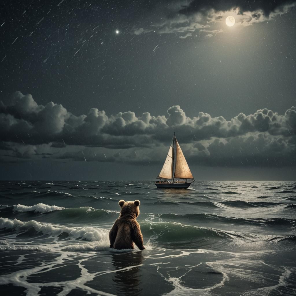 Bear Sails Boat on Stormy Starry Ocean