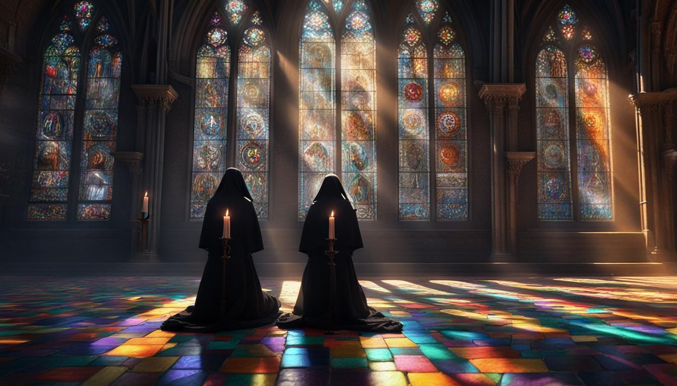 Nuns Praying in Gothic Church, Dynamic Lighting