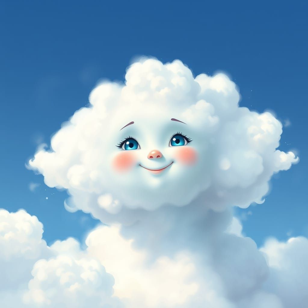 Cute Newborn Cloud With Sparkling Eyes in Blue Sky