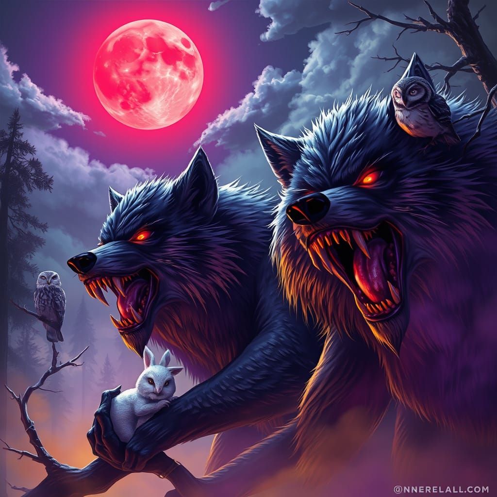 Werewolves Under Blood Moon: Dark Fantasy Art
