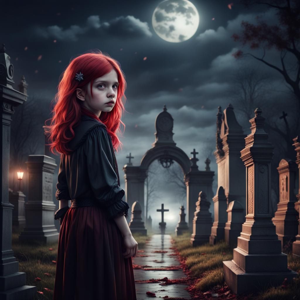 Red-Haired Vampire Girl in Cemetery at Night