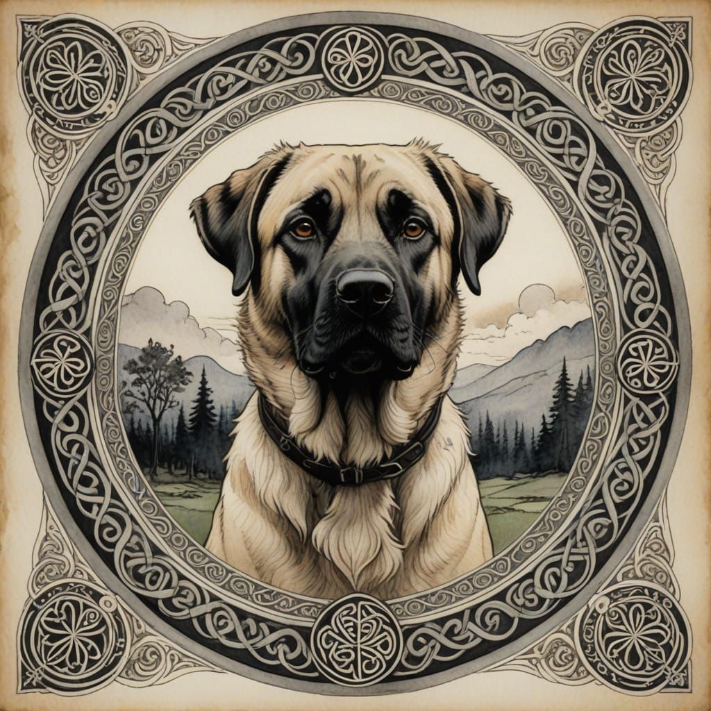 Cute Anatolian Shepherd Dog in Whimsical Celtic Border Charc...