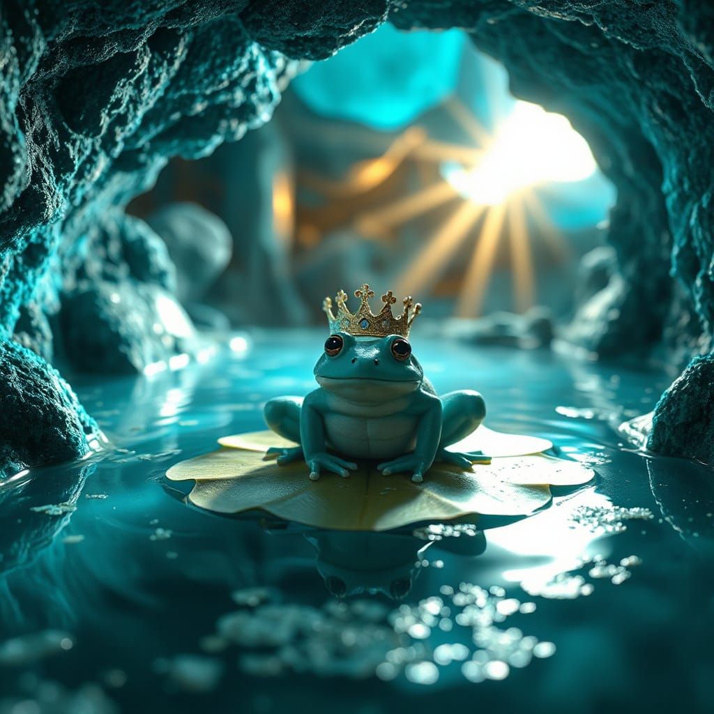 Crowned Turquoise Frog in Azure Cave, Detailed Render
