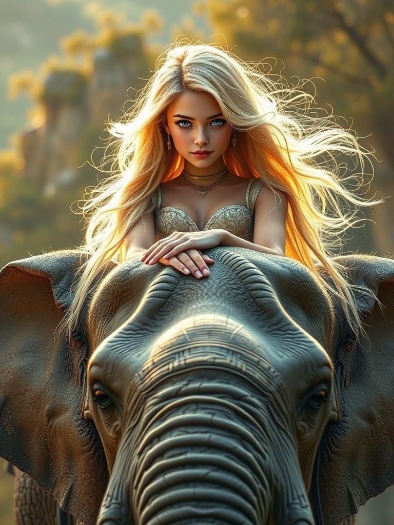 Blonde Girl on Elephant in Hyperrealistic Landscape