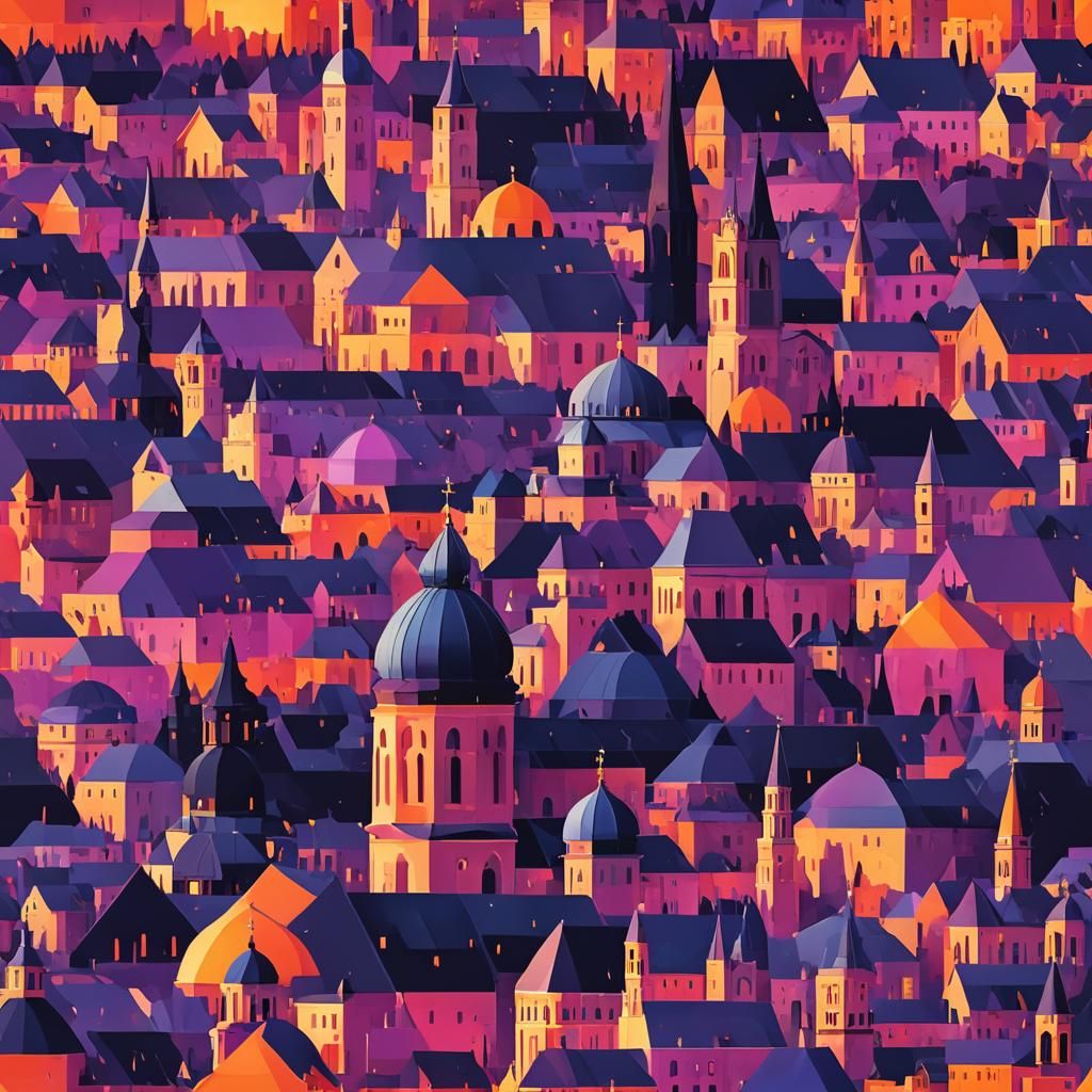 Vibrant Sunset Over Churches: Low-Poly Digital Art
