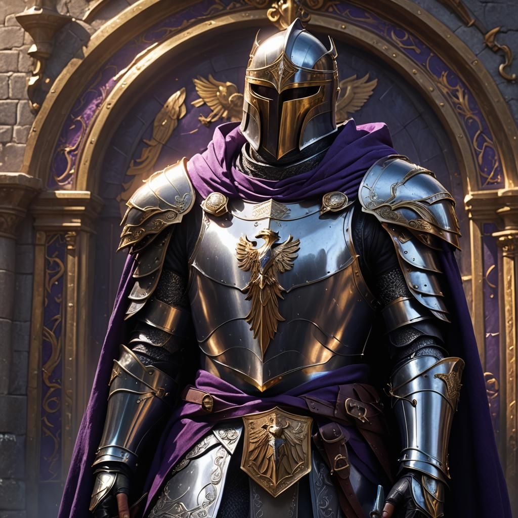 Knight in Silver Armor with Purple Cloak