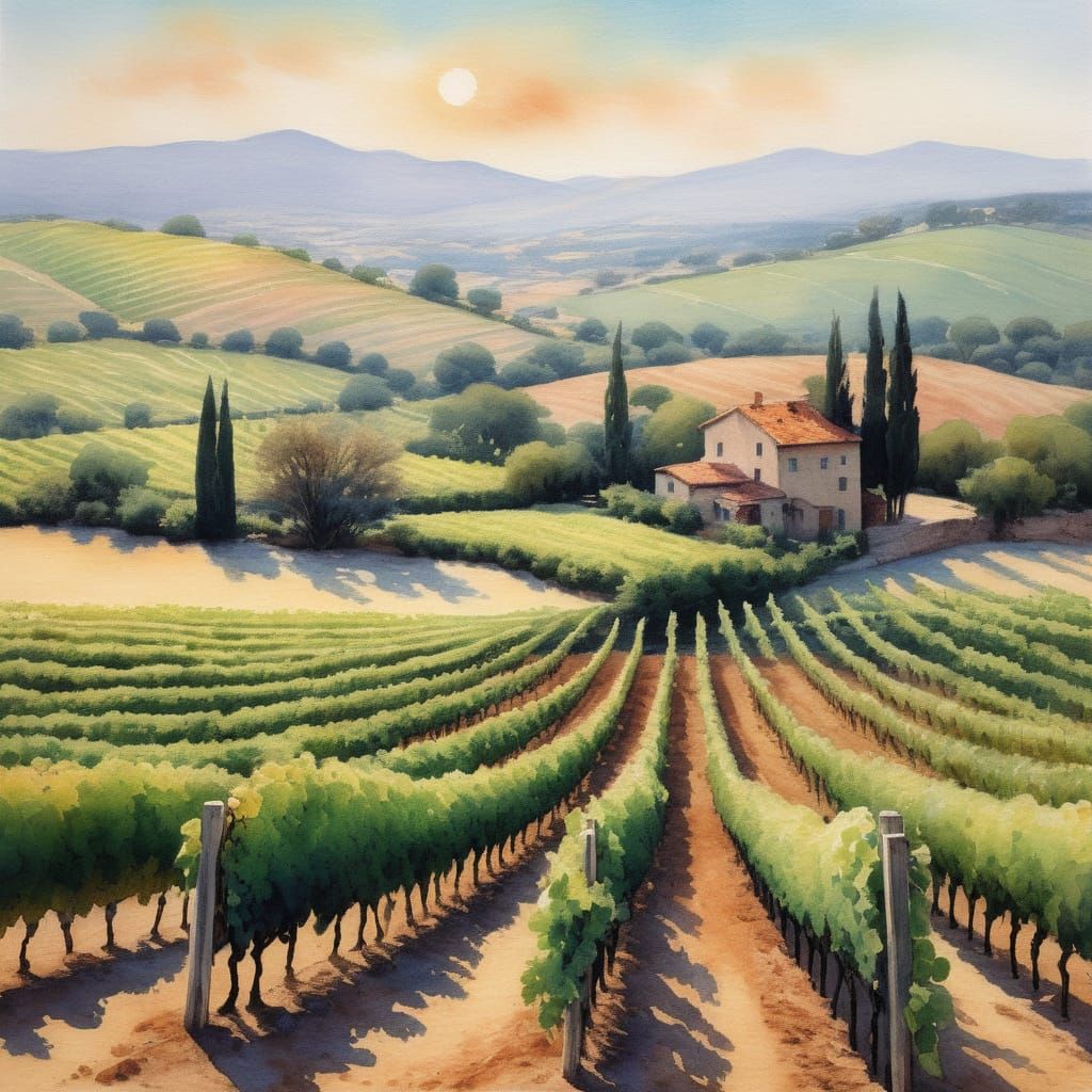 Idyllic Vineyard in Watercolor with Golden Light