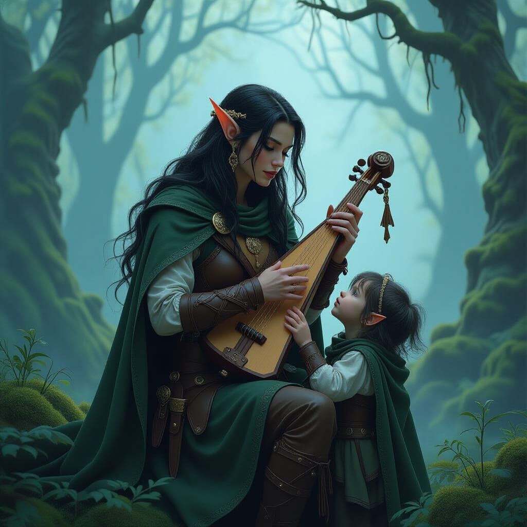 Elf Hunter and Child in Mystical Spring Forest