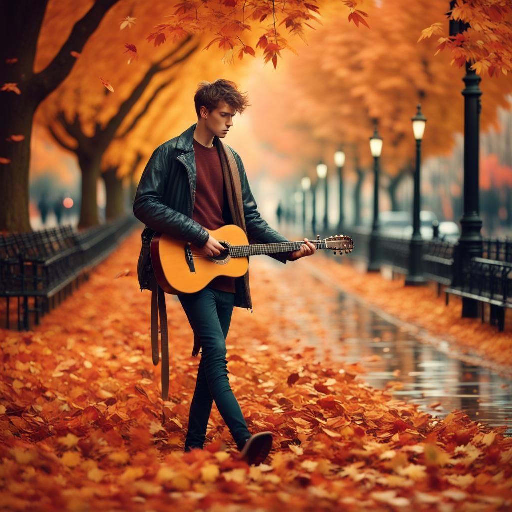 Autumn Musician in Rainy Park: Digital Matte Painting