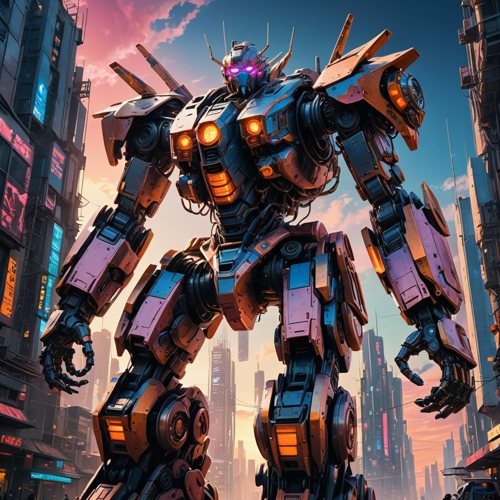 Gigantic Cyberpunk Robot Dominating Earth