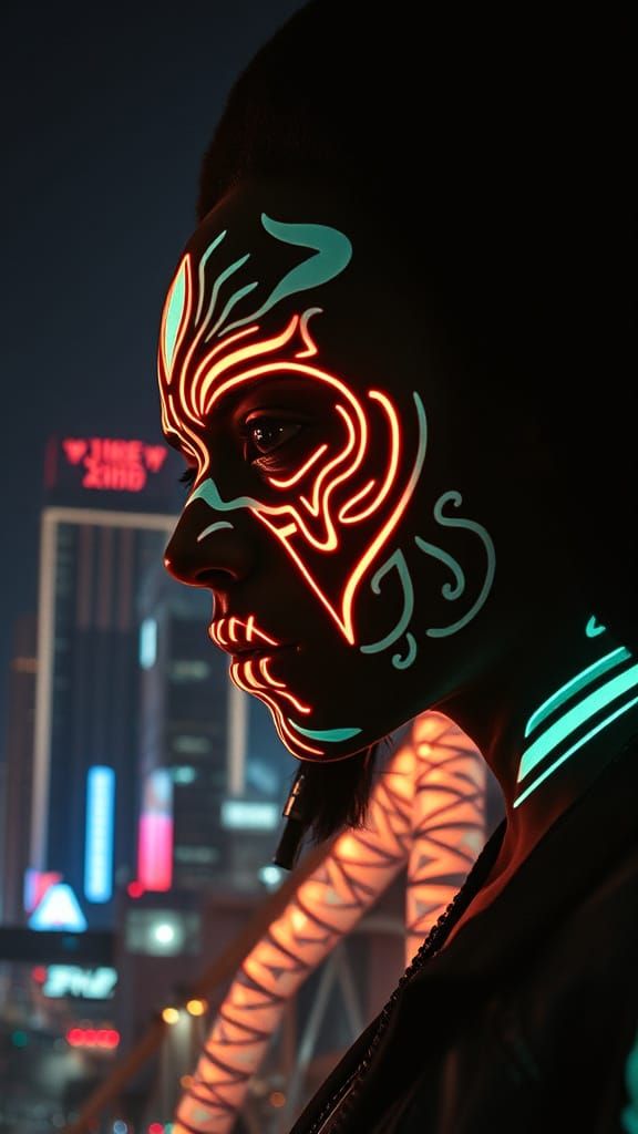 Afrofuturist Warrior Merged with Cyberpunk Cityscape
