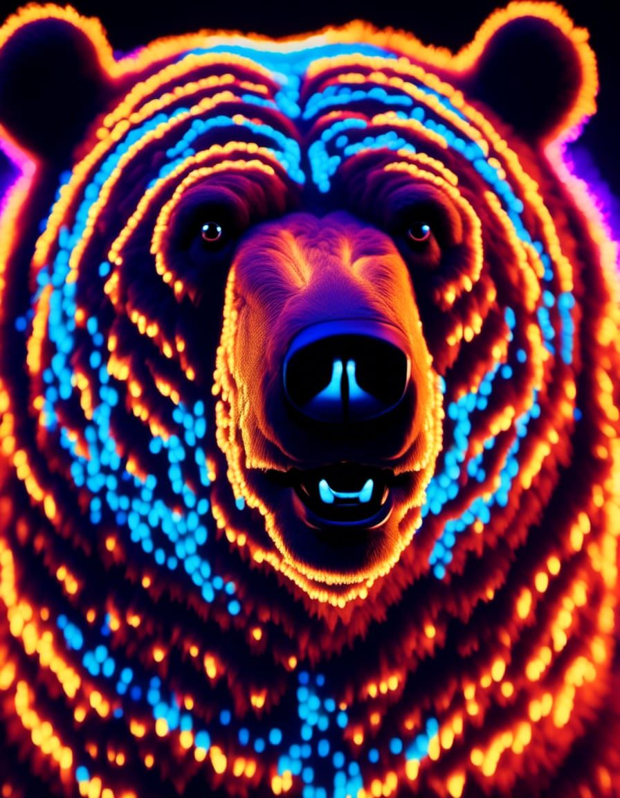 Bioluminescent Grizzly Bear Portrait in UV Blacklight