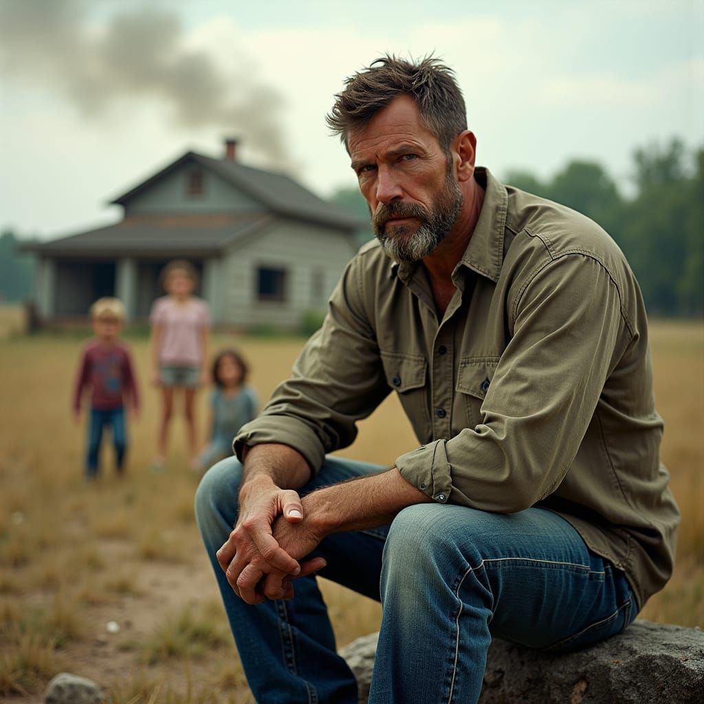 Vigilant Father Guards Family in Golden Light