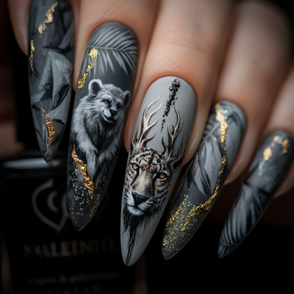 Majestic Wild Animal Nail Art with Gold Details