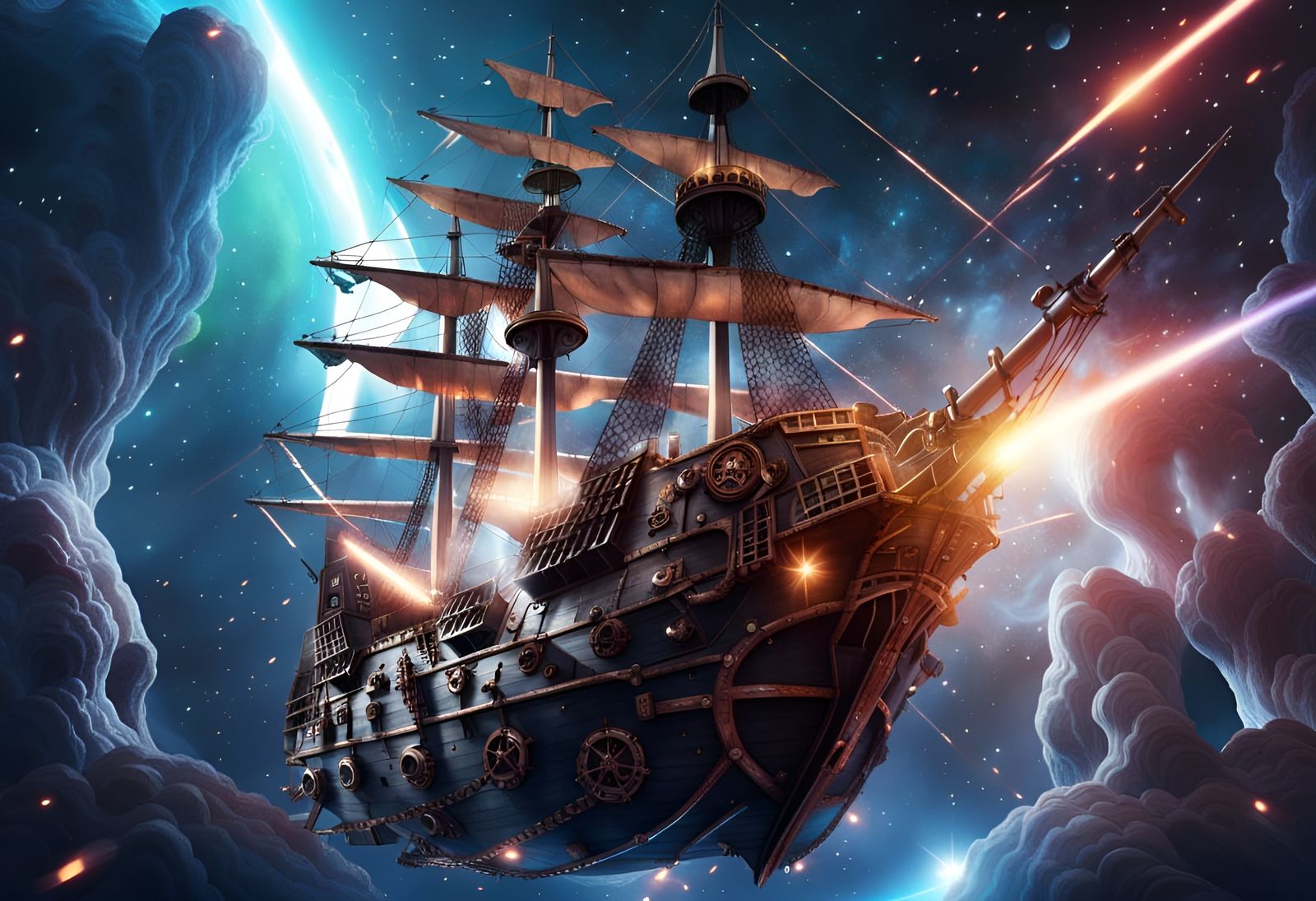 Pirate Ship Evades Laser Attack in Cosmic Space