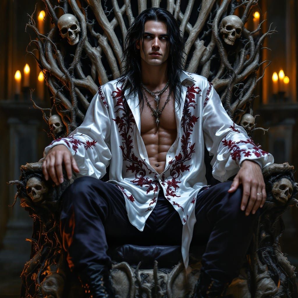 Gothic Man in Regal Pose near Twisted Bone Throne
