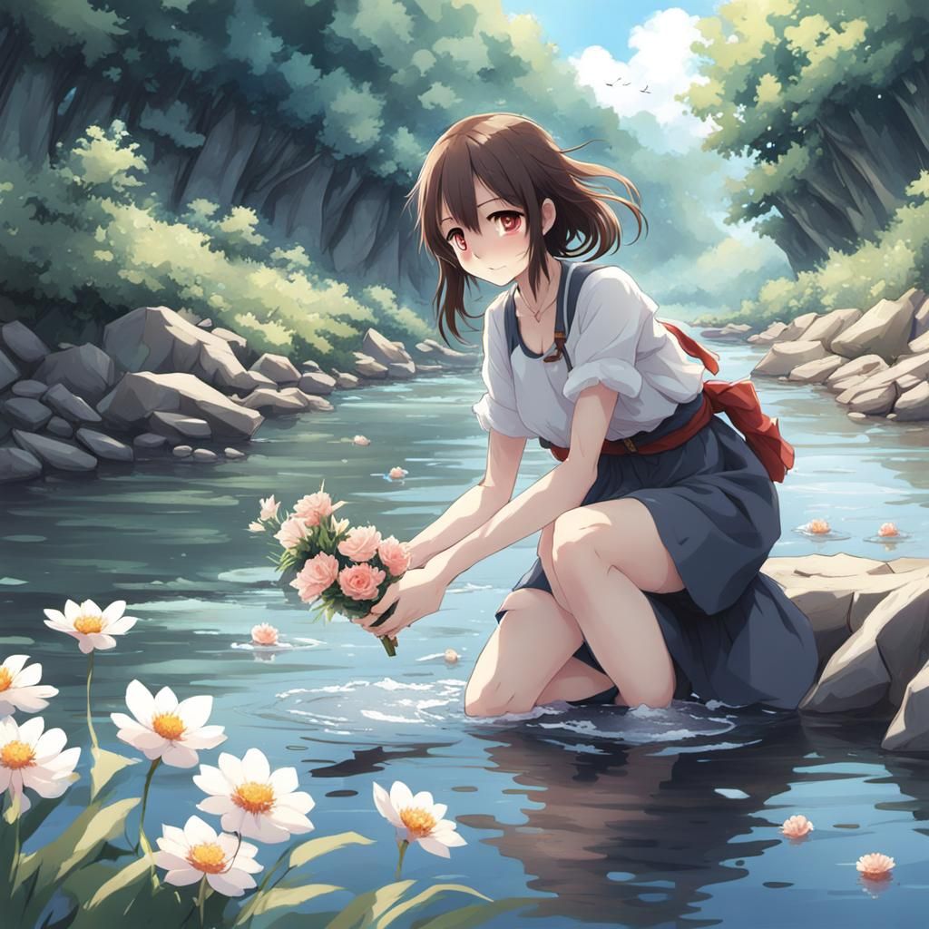 Anime Girl Picking Flowers from River