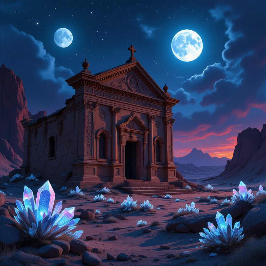 Alien Synagogue Under Twin Moons: Hyperrealistic Concept Art
