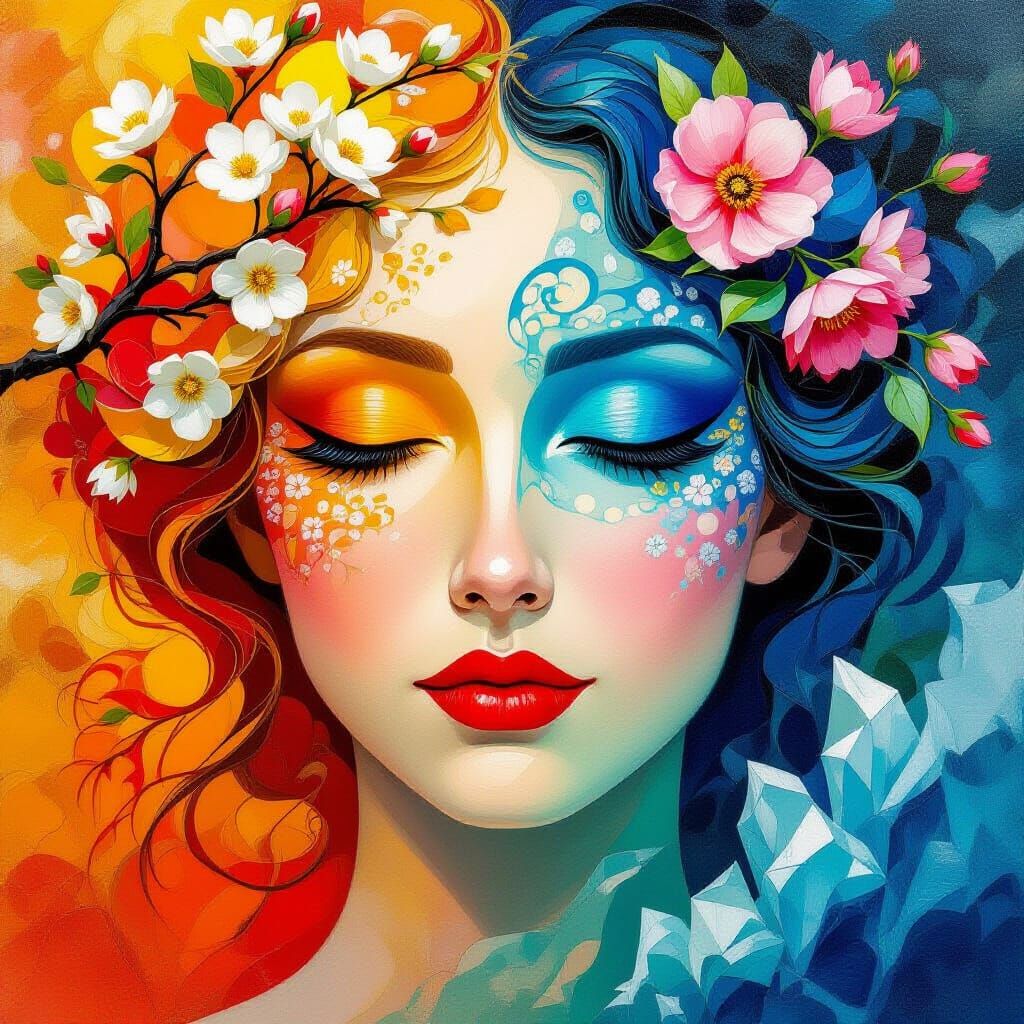 Four Seasons Face Portrait in Textured Oil Painting Style