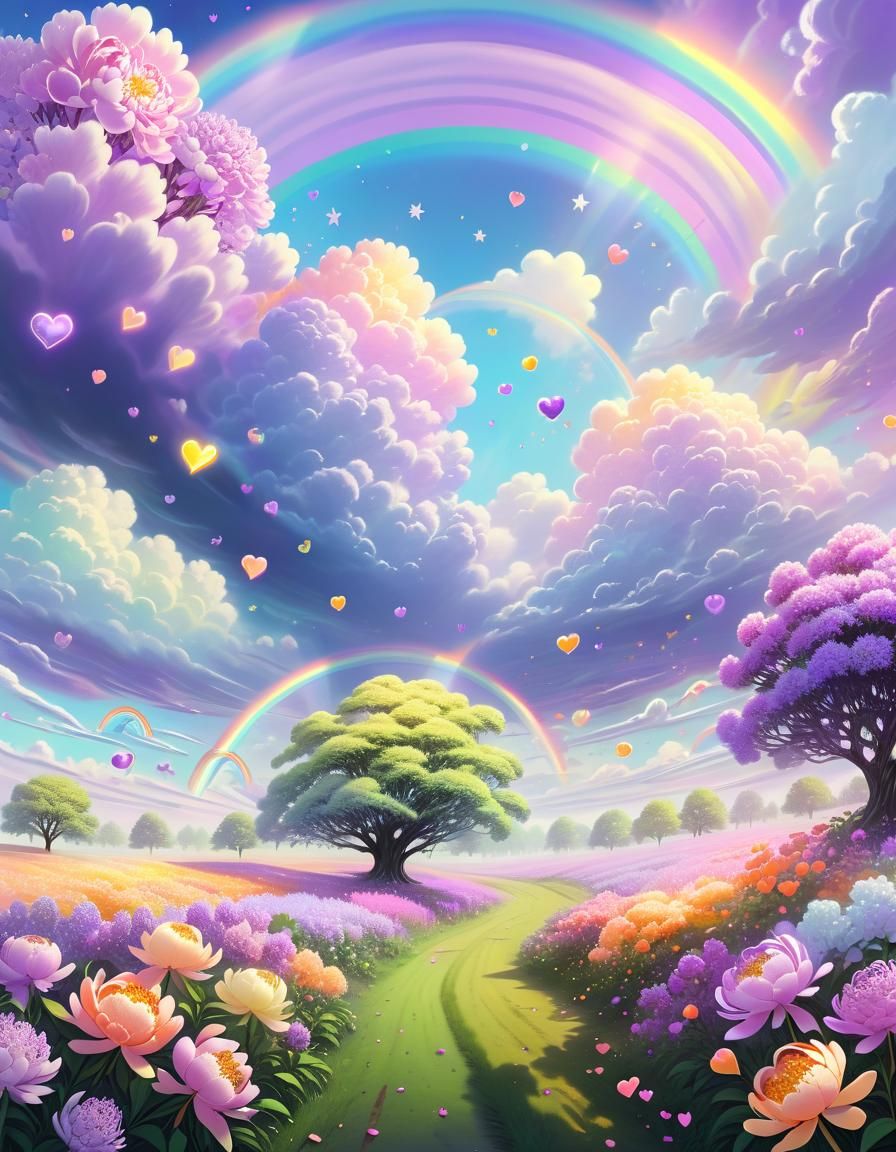 Lush Grassy Clearing with Rainbow in Airbrush Style