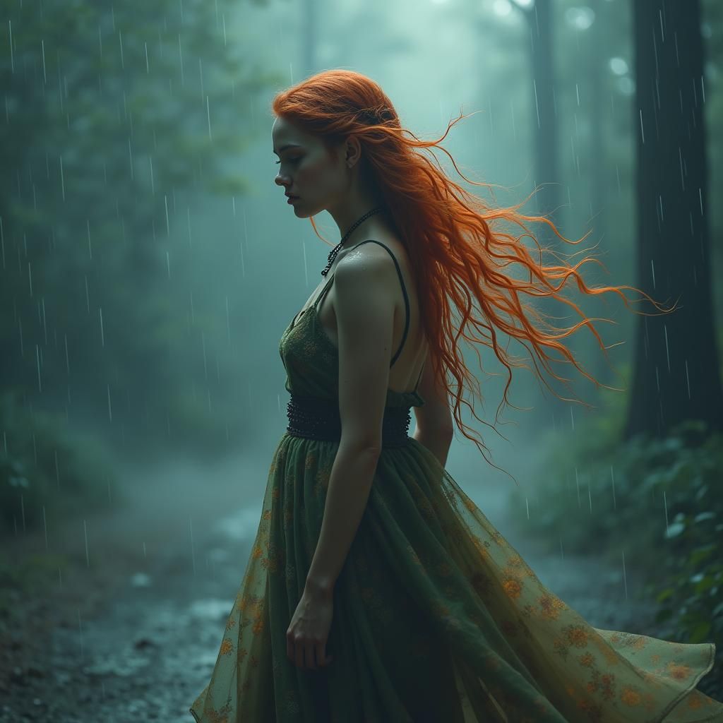 Red Haired Woman Strolls Through Mystical Rain