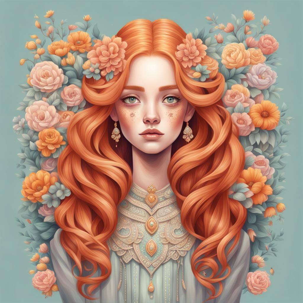 Beautiful Redhead in Pastel Salon, Acrylic Storybook Style