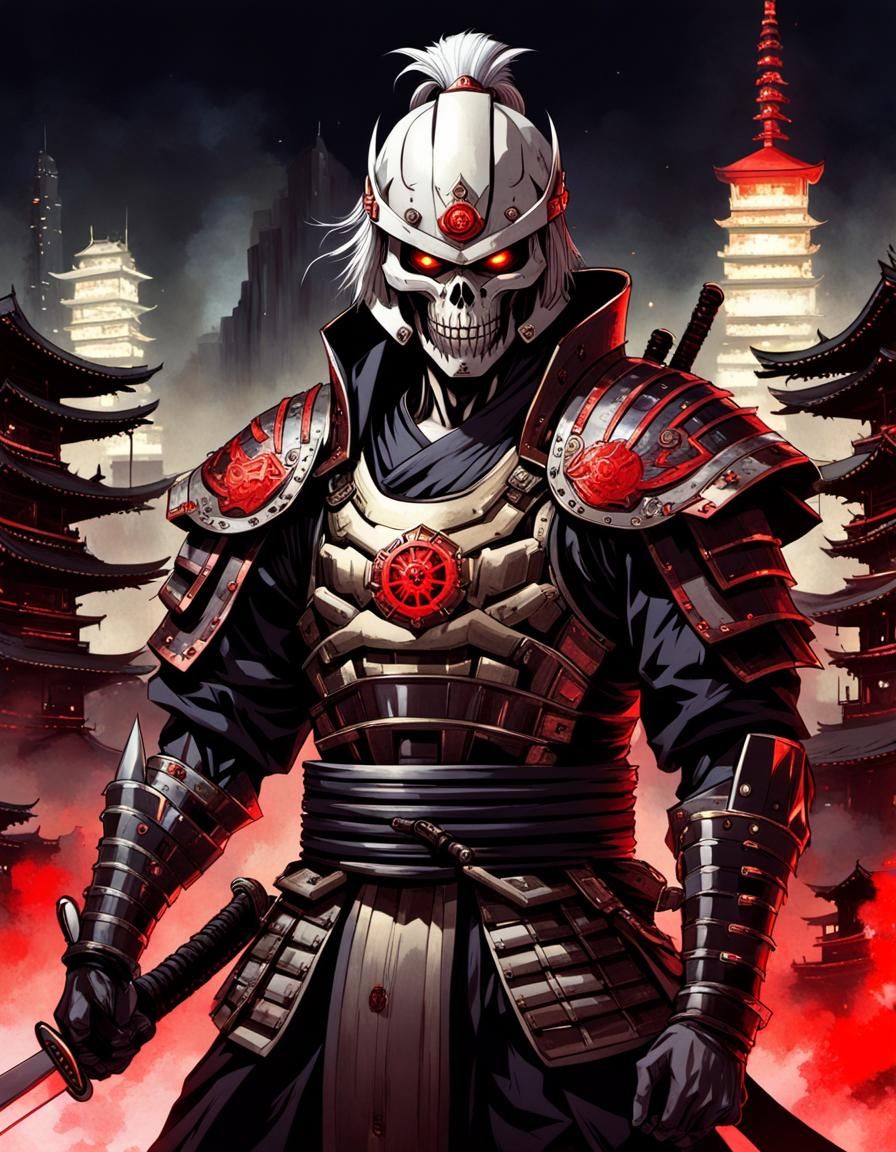 Cyborg Samurai with Glowing Katana in Ukiyo-e Style