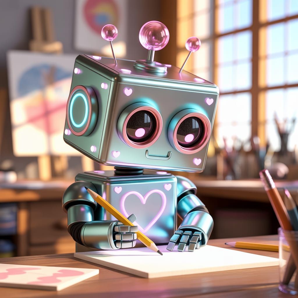 Charming Robot Artist in Sunlit Studio