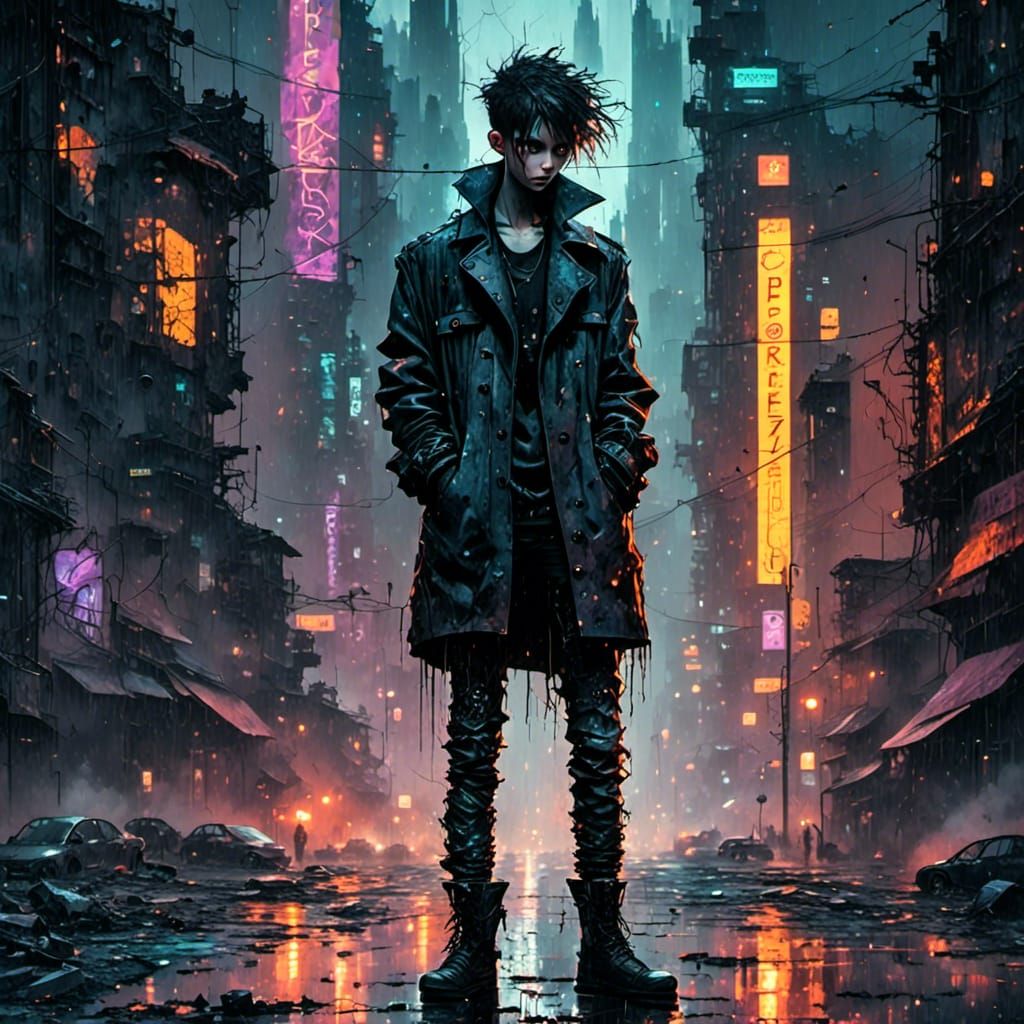 Cyberpunk Punk with Cybernetic Legs in Dystopian City