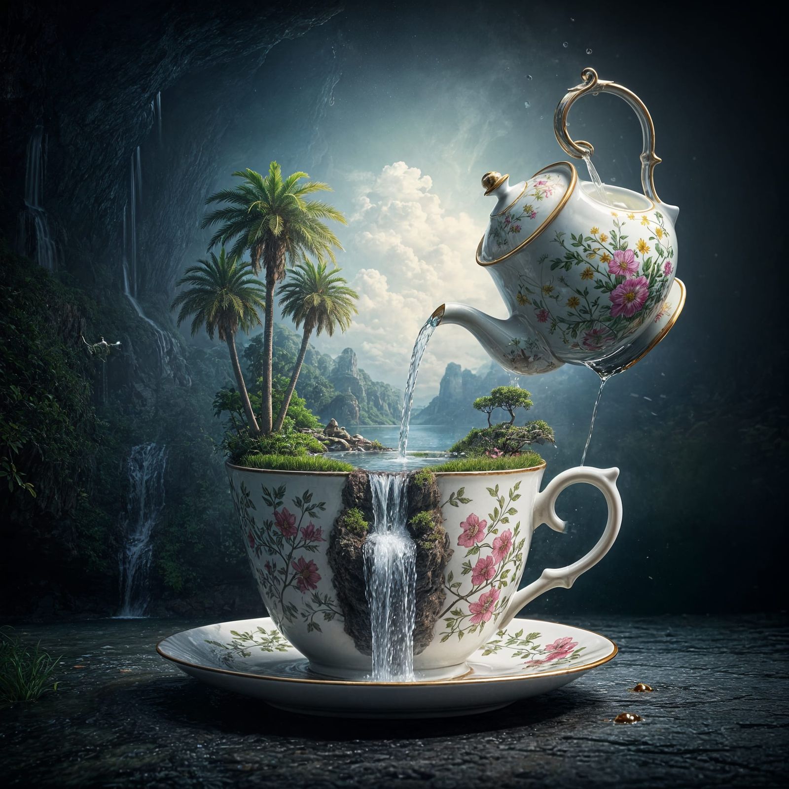 Teacup Oasis: Teapot Waterfall in Dreamy Landscape