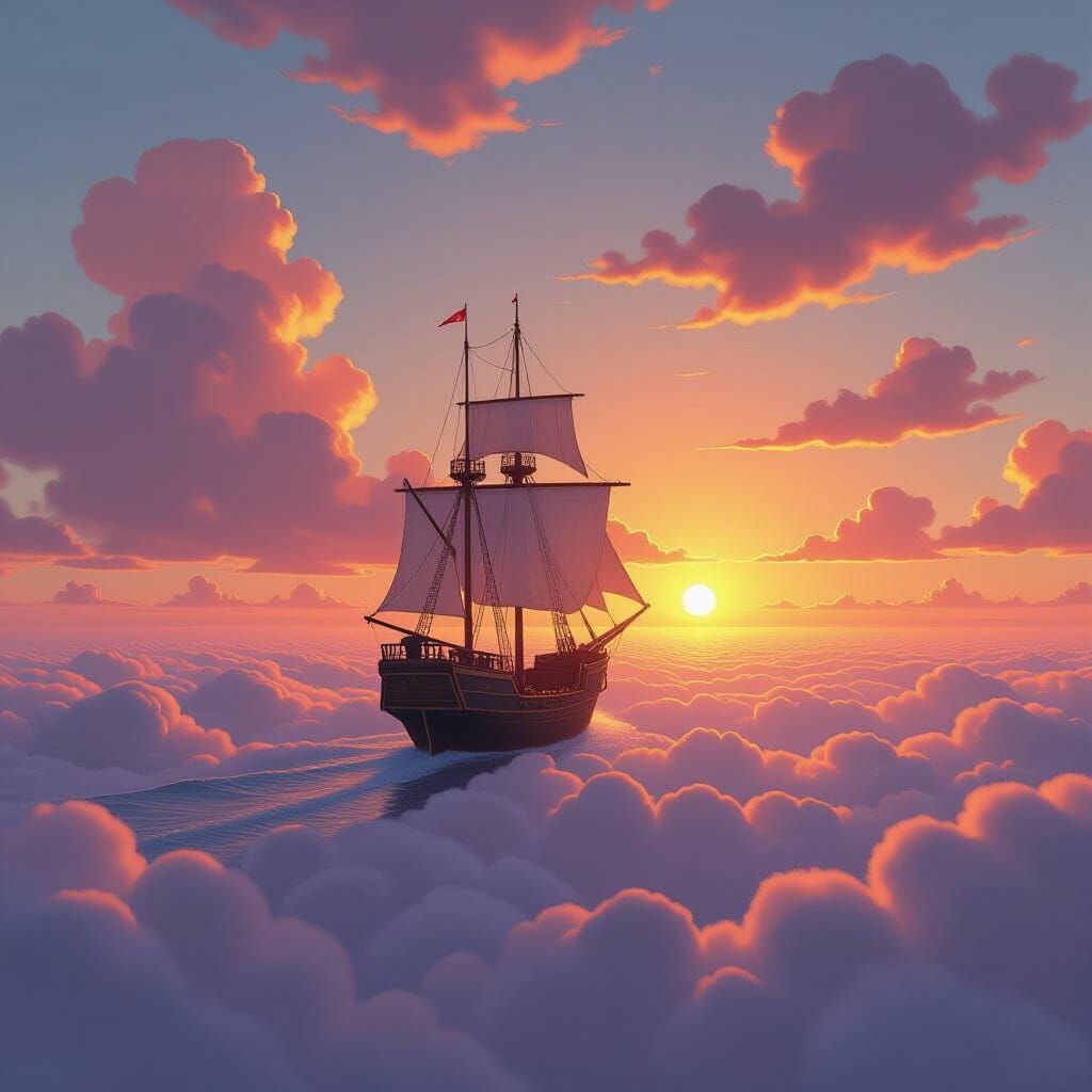 Ship Sails on Clouds at Sunset in Fantasy Style