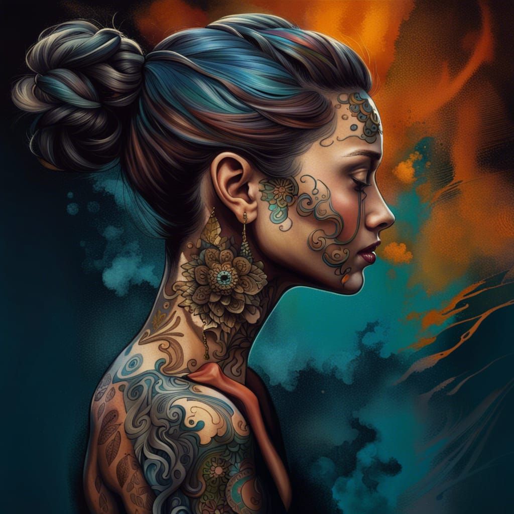 Tattooed Woman in Detailed Matte Oil Painting