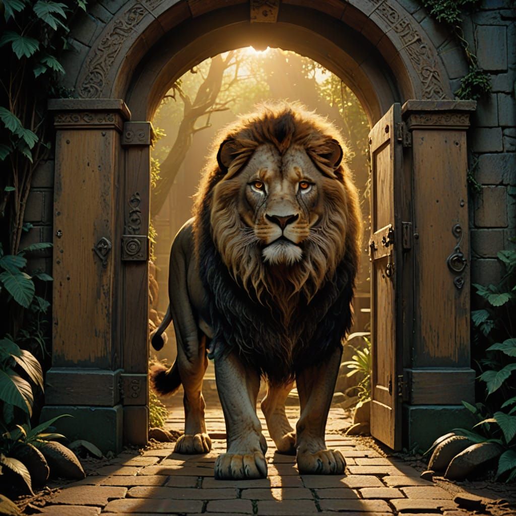 Epic Lion Stands Before Golden Portal on Yellow Brick Road