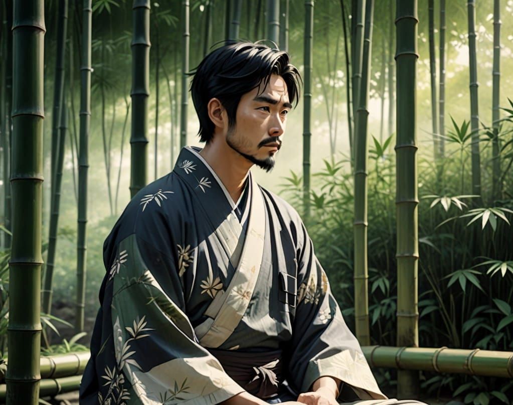 Anime Man in Serene Japanese Bamboo Forest