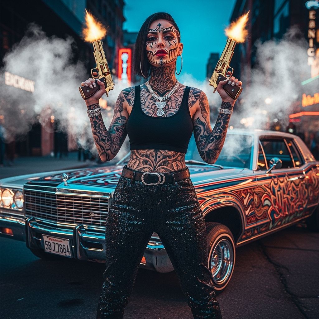 Chicana with Tattoos and Lowrider in Futuristic Style