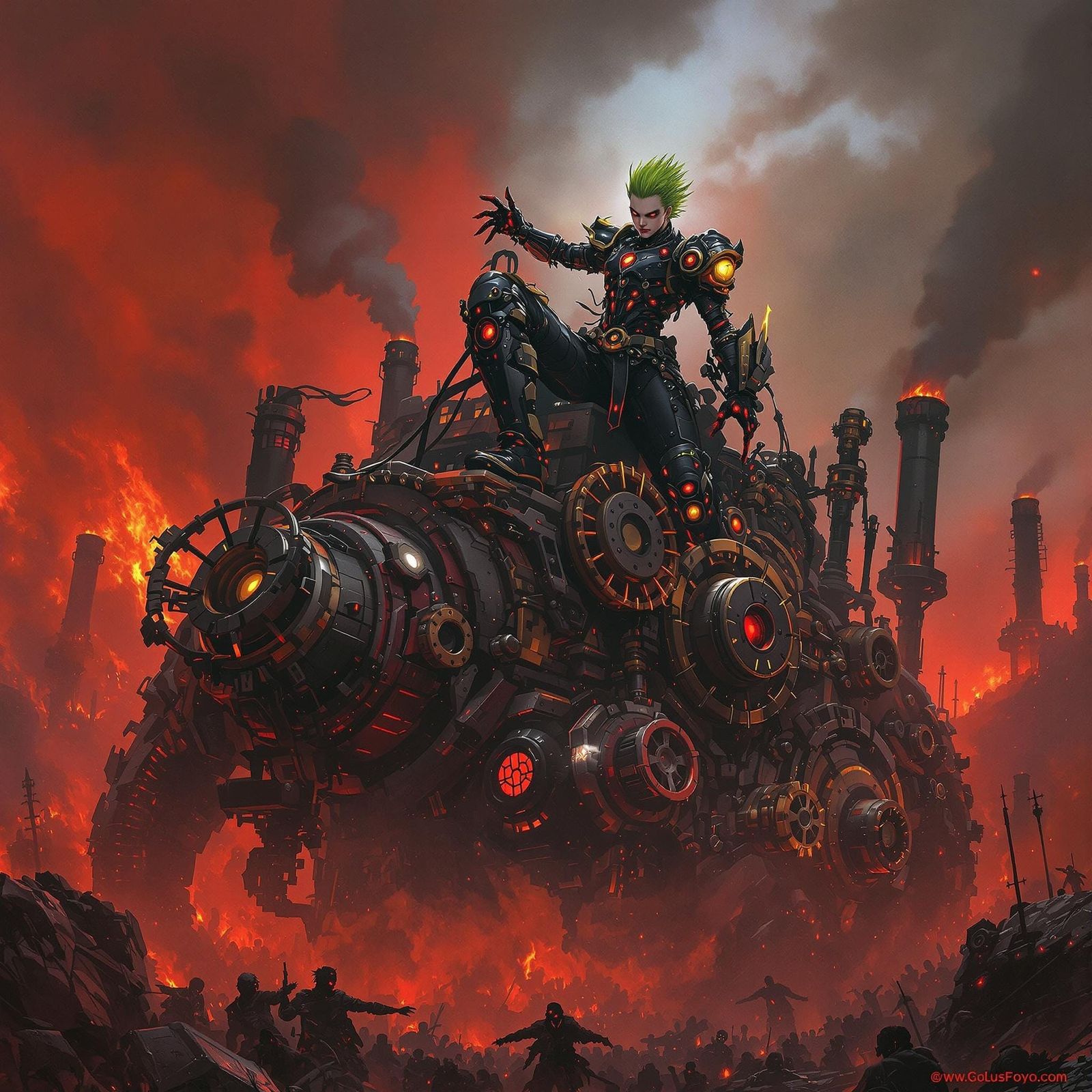 Gothic Cyborg Warrior on Steampunk War Machine