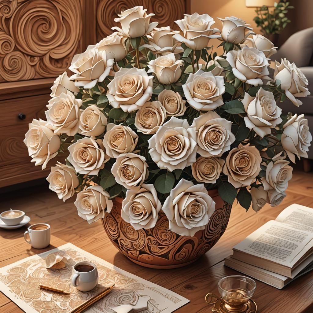 Terracotta Pot with Roses, Abstract Vector Fractal